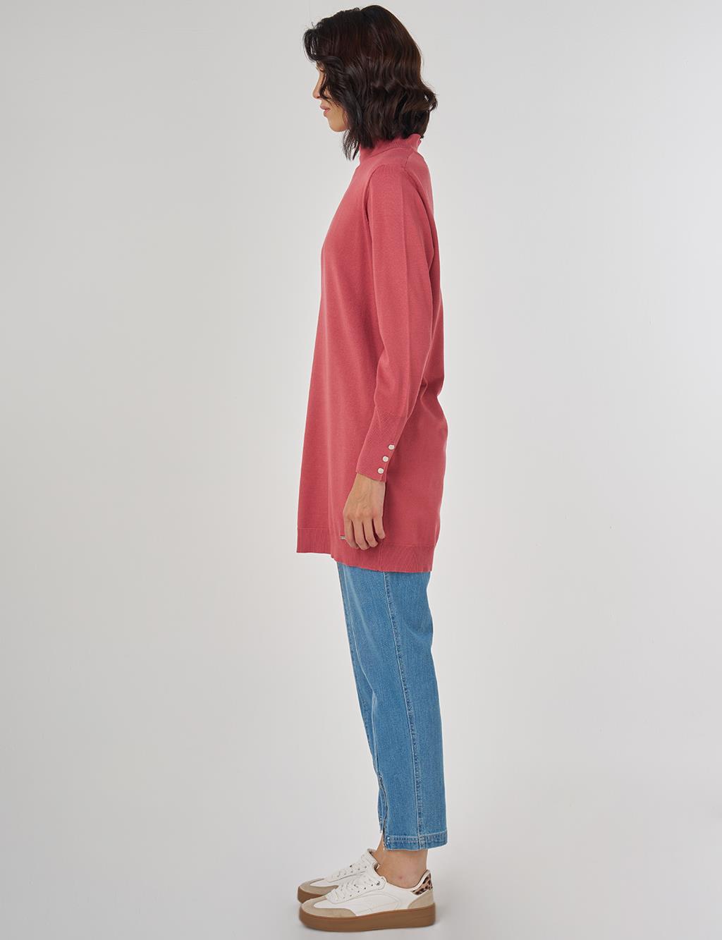 Balıkçı Yaka Basic Viskon Triko Tunik Gül Kurusu