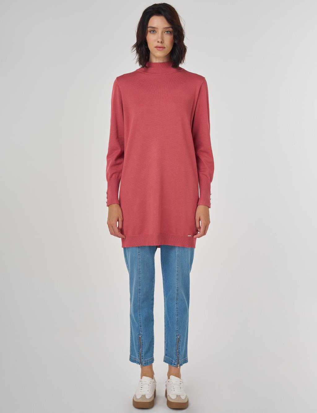 Balıkçı Yaka Basic Viskon Triko Tunik Gül Kurusu