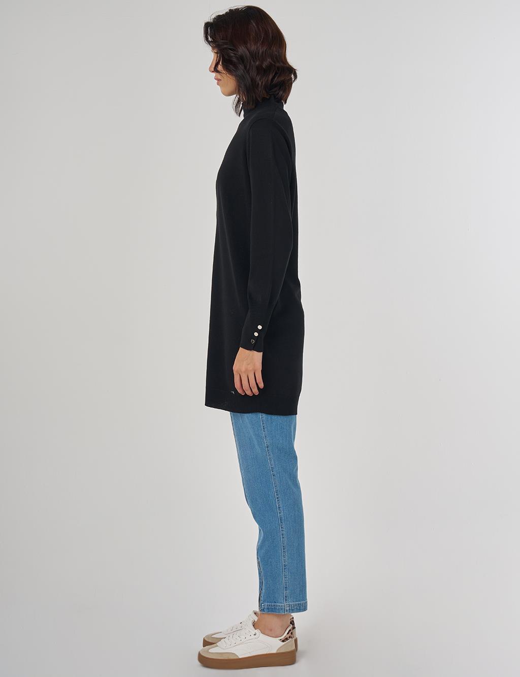 Balıkçı Yaka Basic Viskon Triko Tunik Siyah 