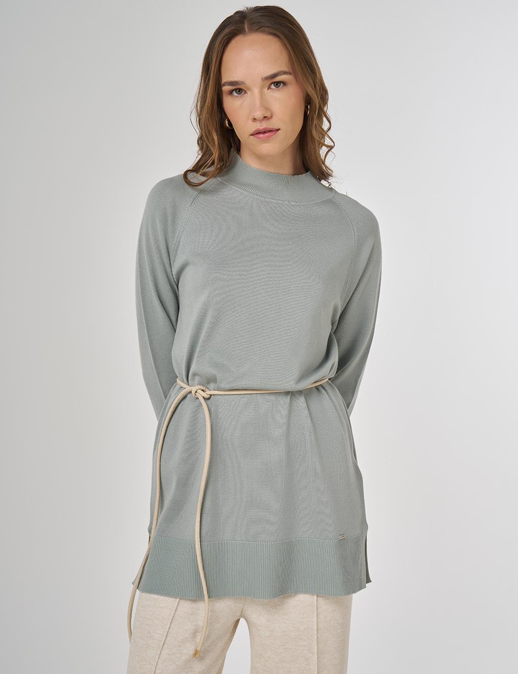 Yarım Balıkçı Yaka Viskon Triko Tunik Yosun Yeşili 