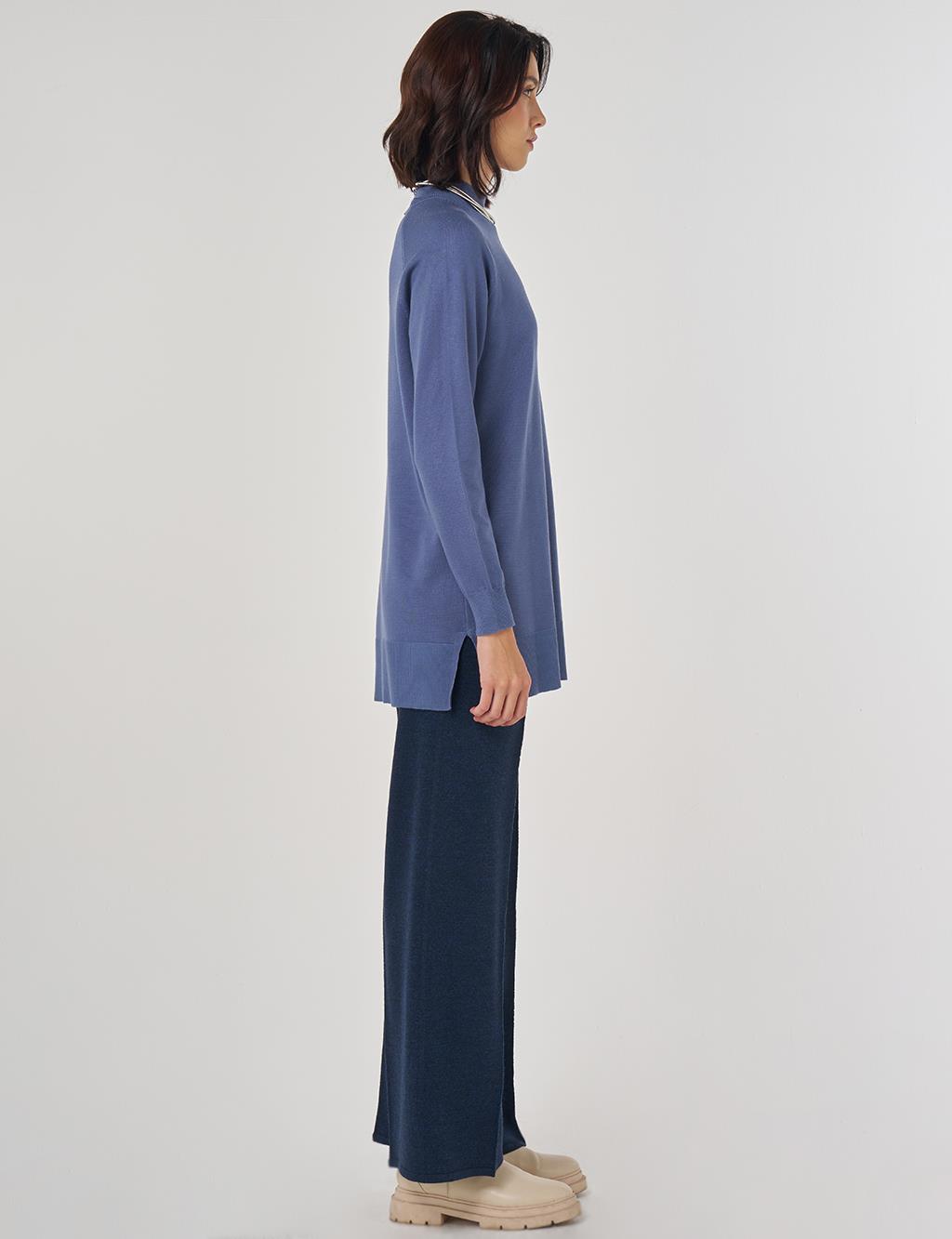 Yarım Balıkçı Yaka Viskon Triko Tunik Taç Mavisi 