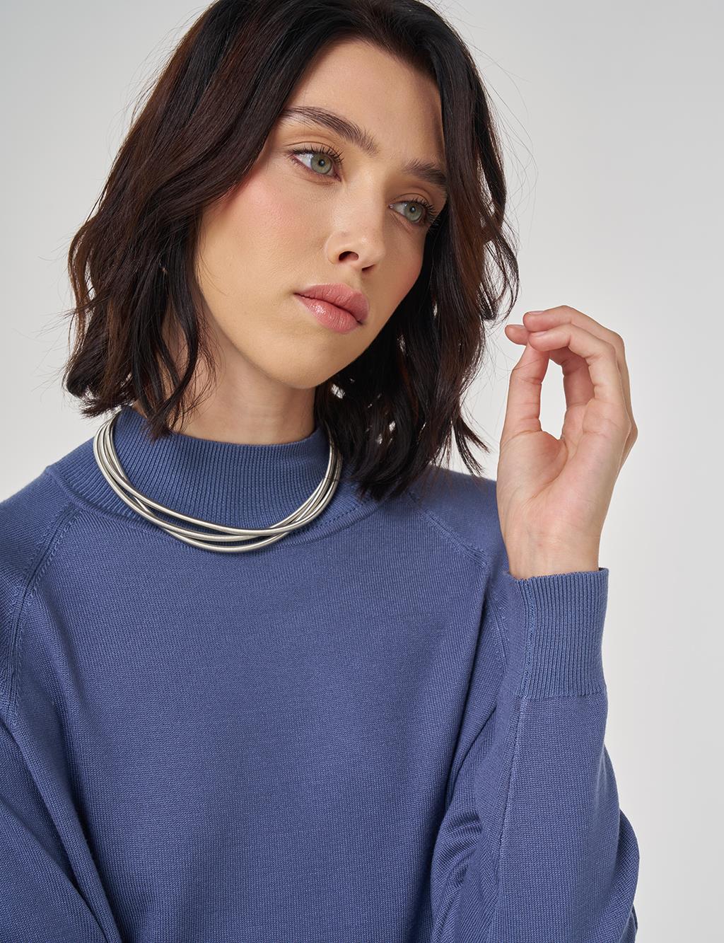 Yarım Balıkçı Yaka Viskon Triko Tunik Taç Mavisi 