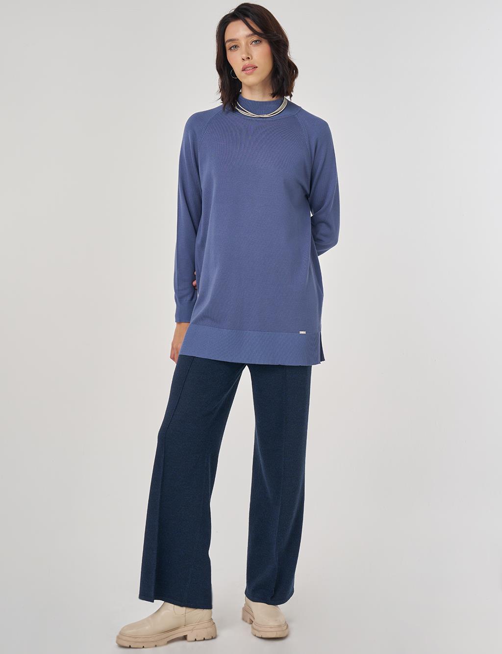 Yarım Balıkçı Yaka Viskon Triko Tunik Taç Mavisi 