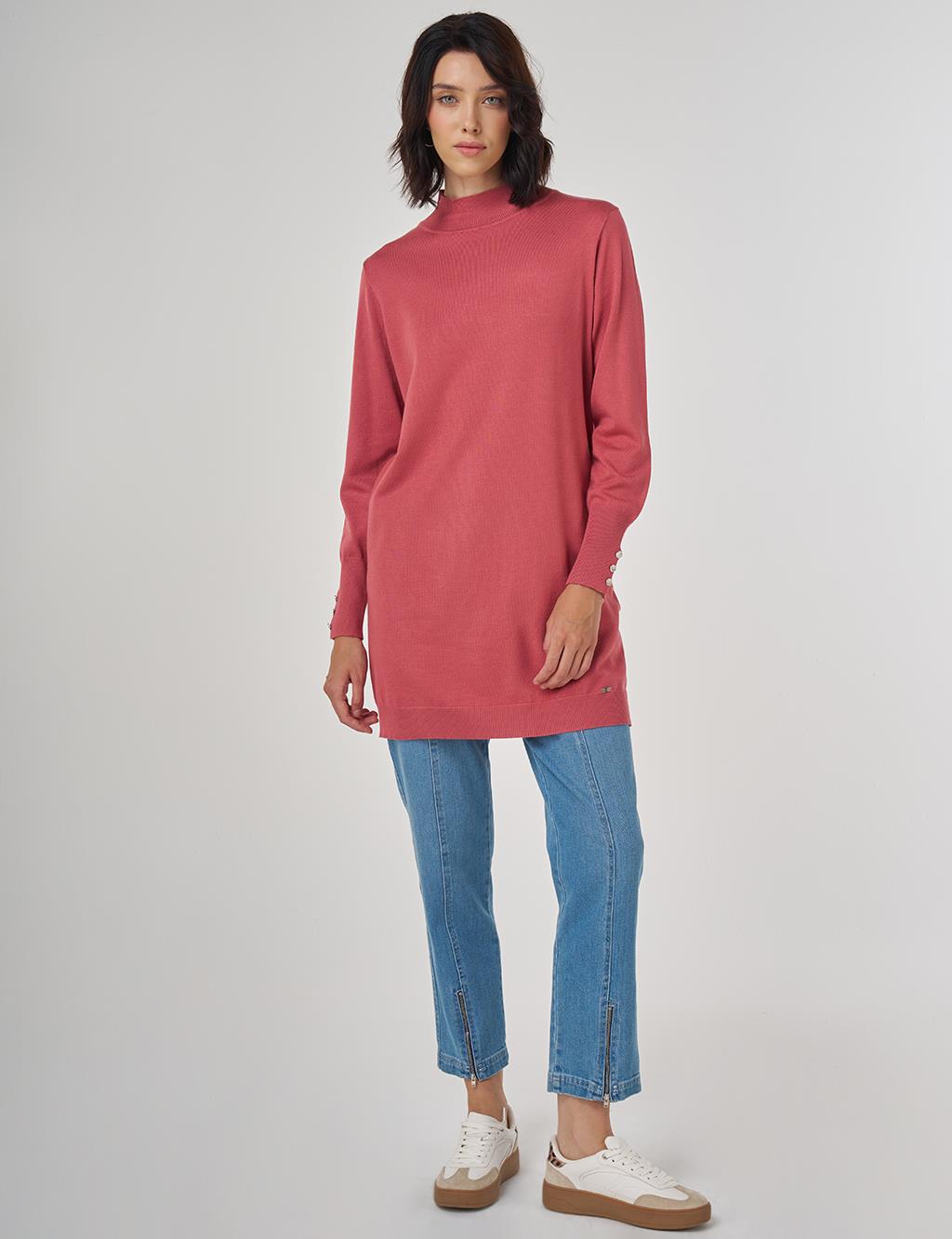 Balıkçı Yaka Basic Viskon Triko Tunik Gül Kurusu