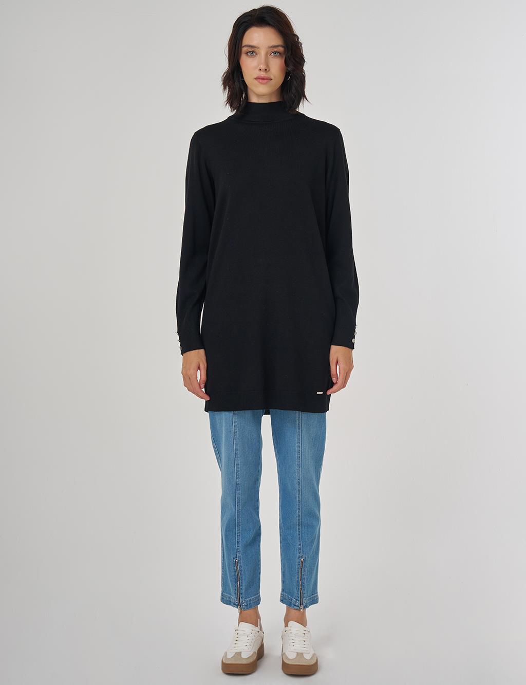Balıkçı Yaka Basic Viskon Triko Tunik Siyah 