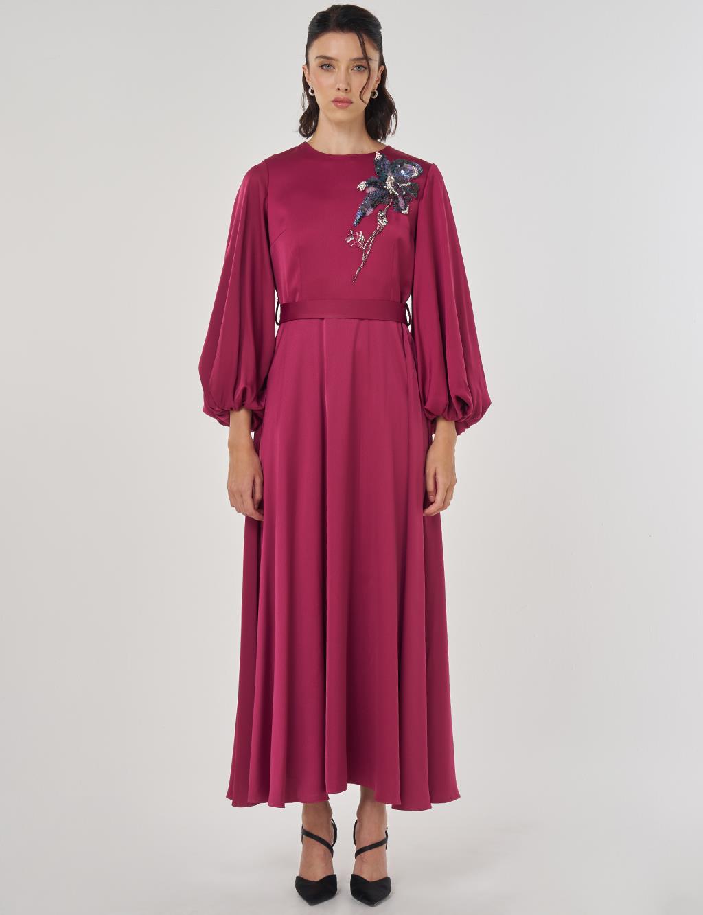 Sequin Embroidered Satin Dress Cherry
