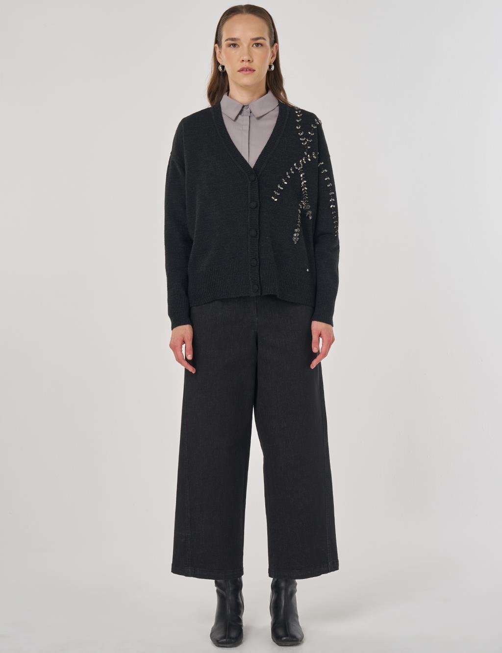 Embroidered Knit Cardigan Anthracite