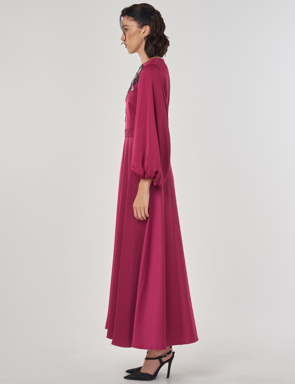 Sequin Embroidered Satin Dress Cherry