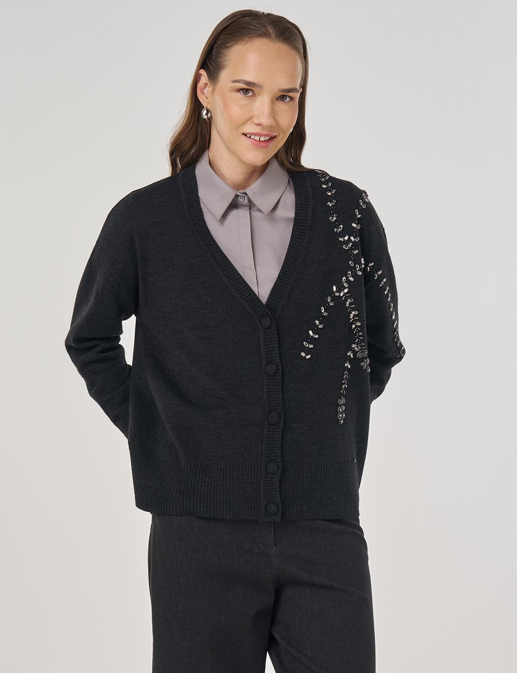 Embroidered Knit Cardigan Anthracite