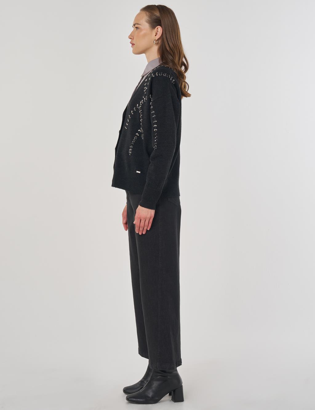 Embroidered Knit Cardigan Anthracite