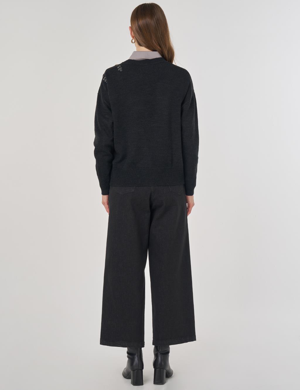 Embroidered Knit Cardigan Anthracite