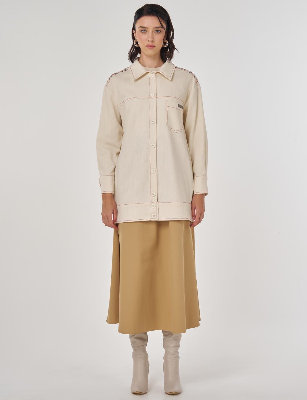 Nakış İşlemeli Kanvas Ceket Krem