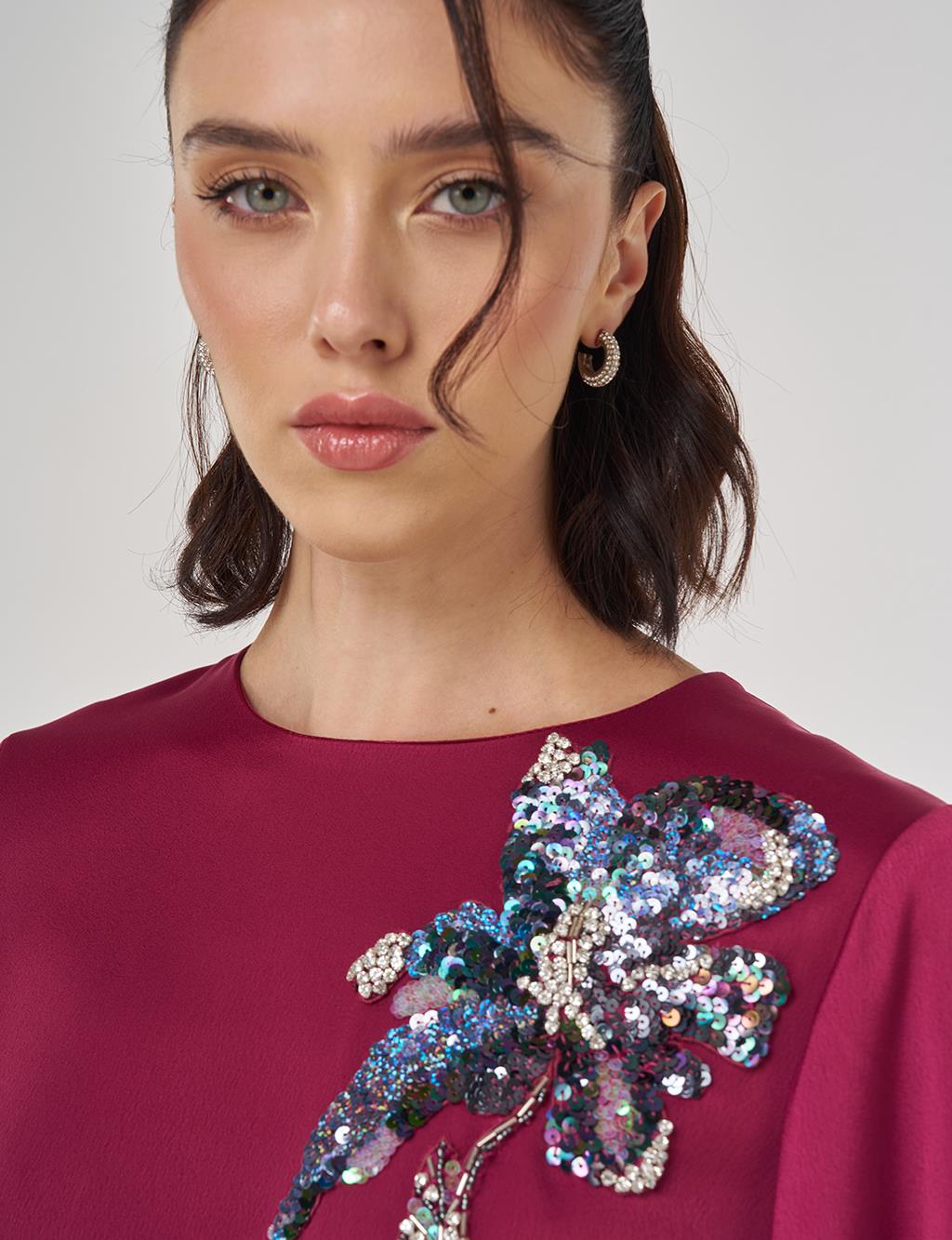 Sequin Embroidered Satin Dress Cherry