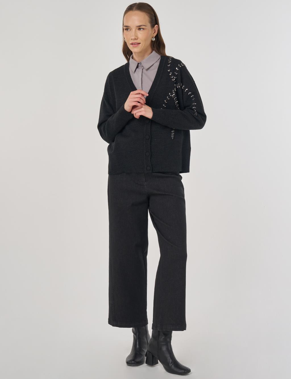 Embroidered Knit Cardigan Anthracite