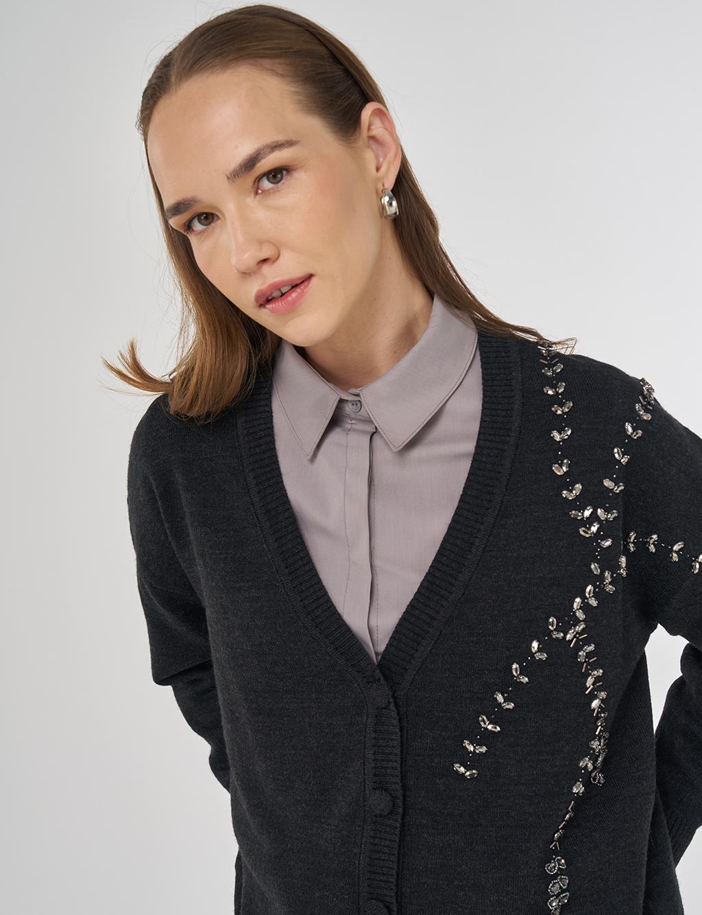 Embroidered Knit Cardigan Anthracite