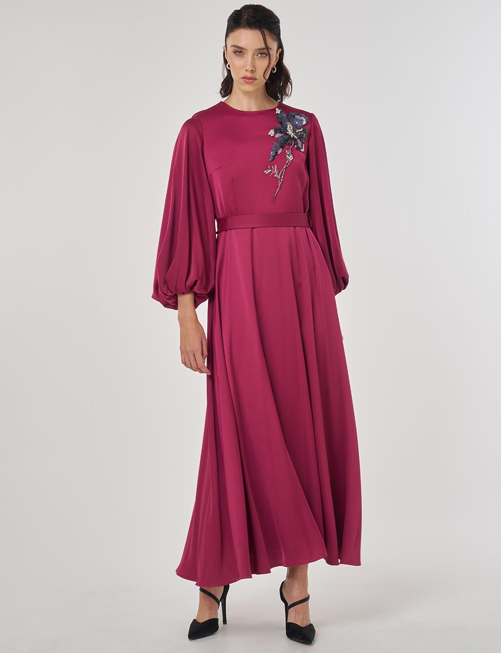 Sequin Embroidered Satin Dress Cherry