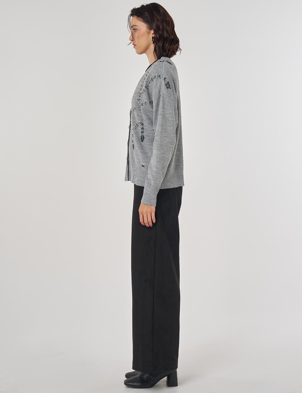 İşleme Detaylı Triko Hırka Gri