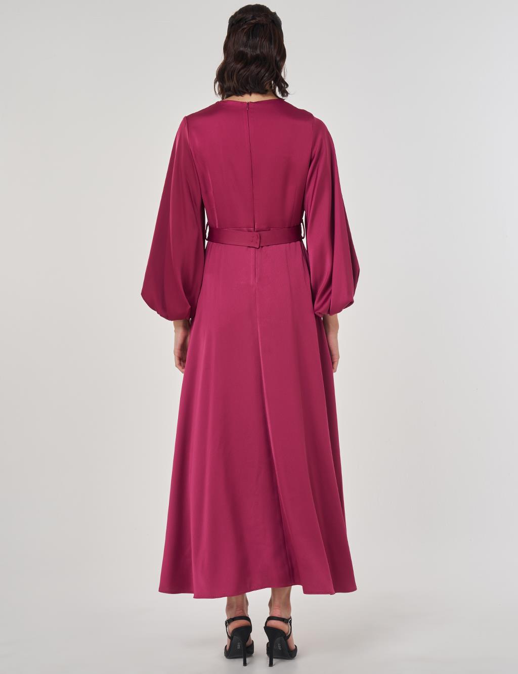 Sequin Embroidered Satin Dress Cherry