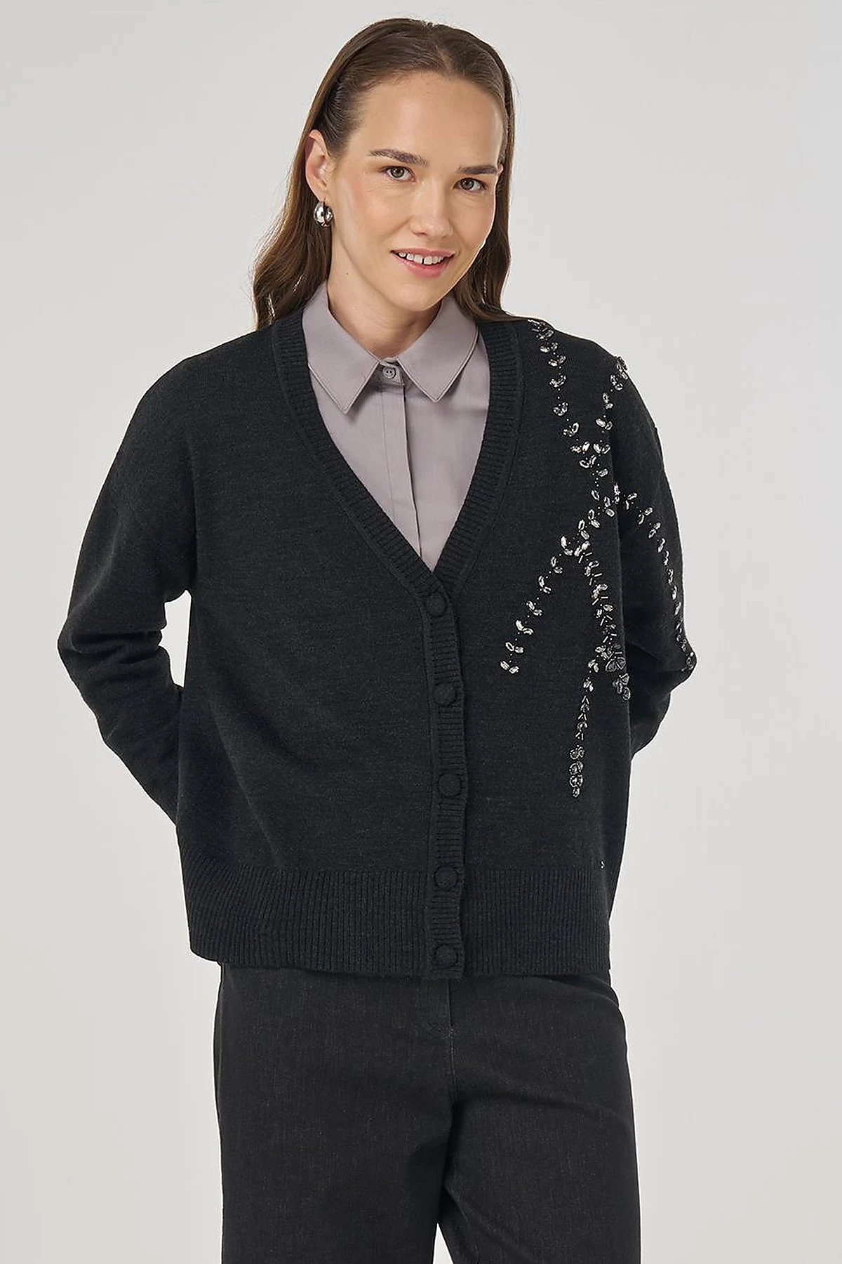 Embroidered Knit Cardigan Anthracite