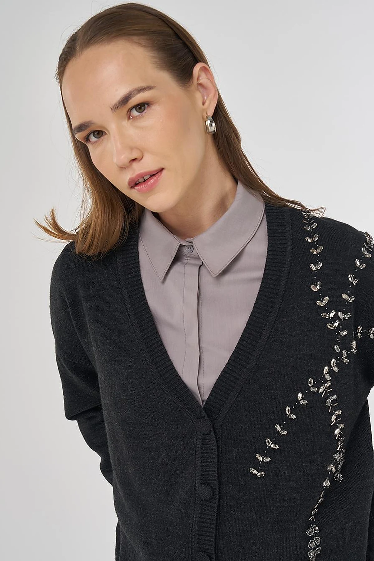 Embroidered Knit Cardigan Anthracite