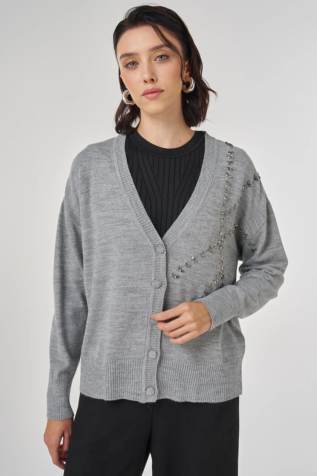Embroidered Knit Cardigan Gray 