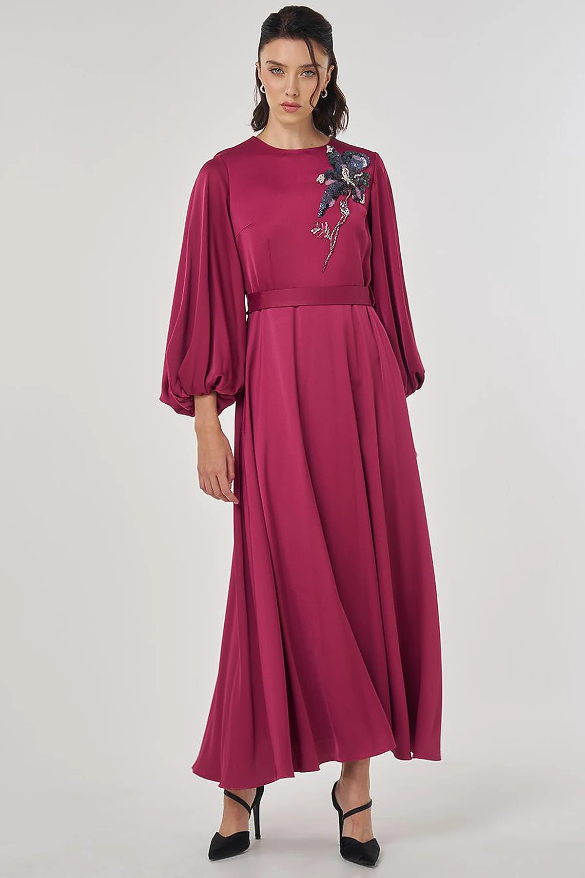 Sequin Embroidered Satin Dress Cherry