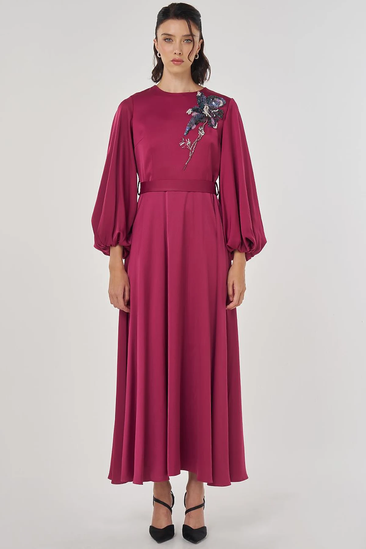 Sequin Embroidered Satin Dress Cherry