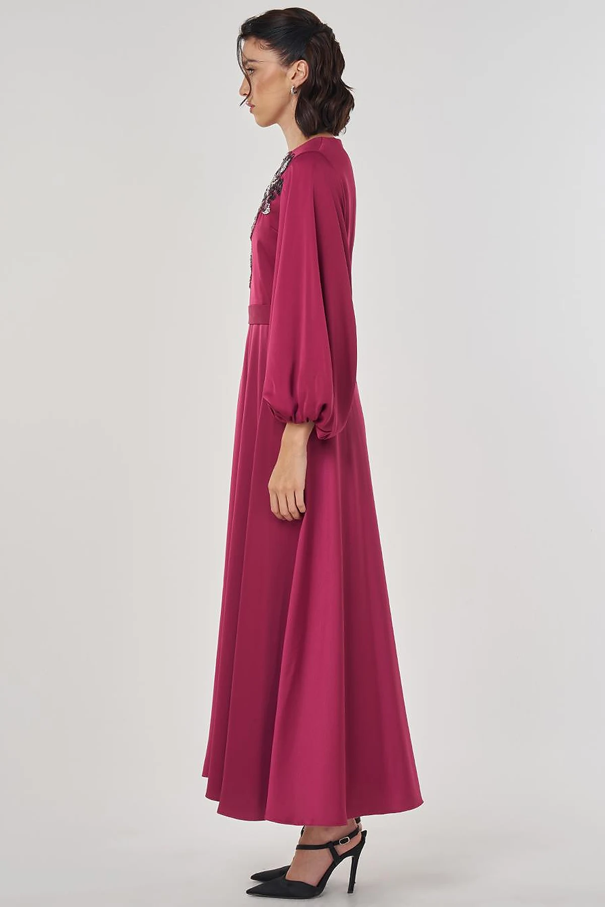 Sequin Embroidered Satin Dress Cherry