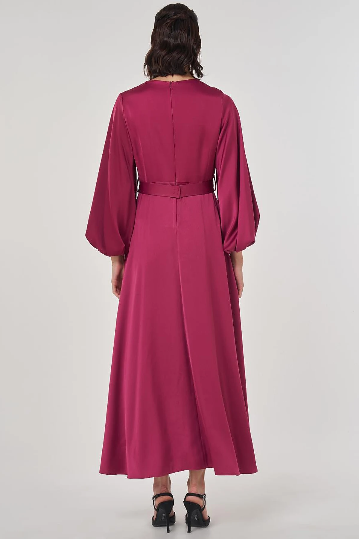 Sequin Embroidered Satin Dress Cherry