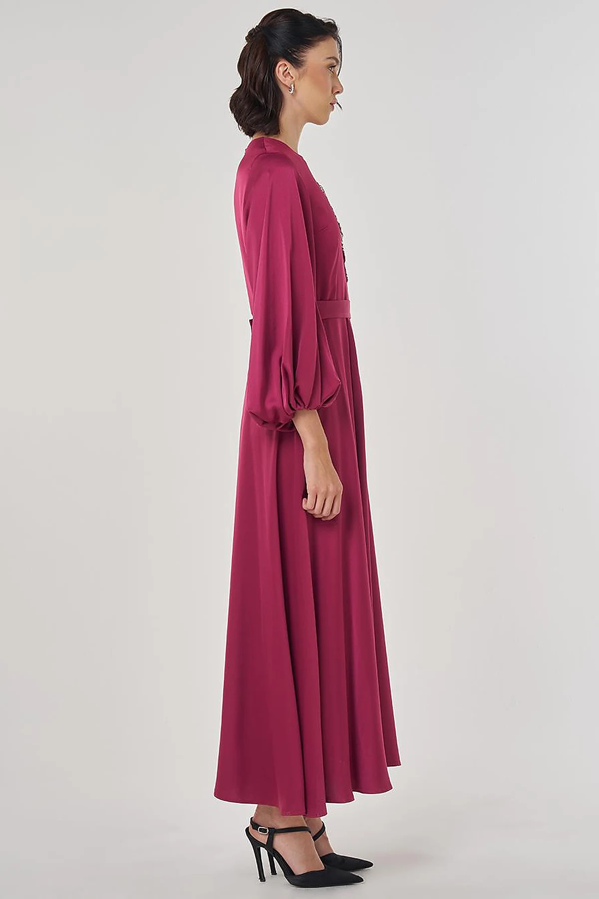 Sequin Embroidered Satin Dress Cherry