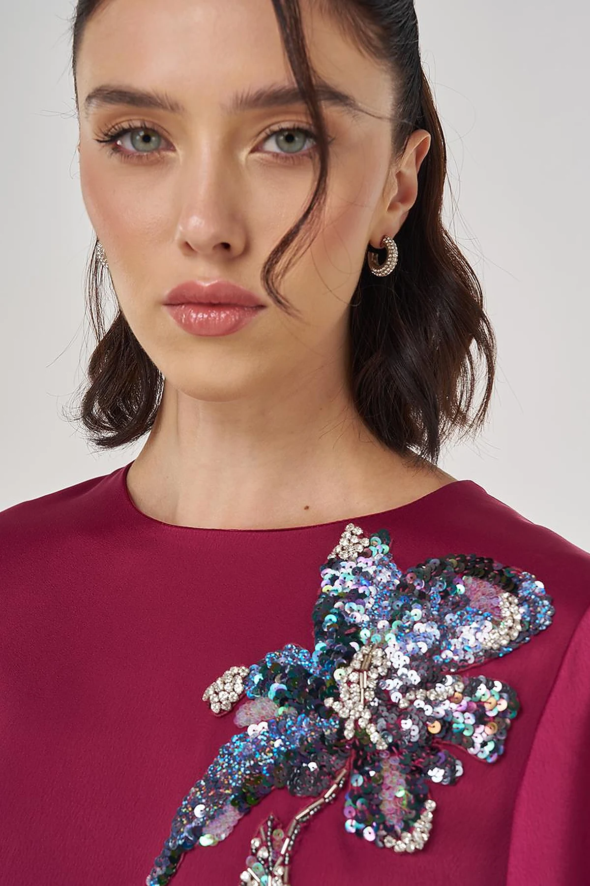 Sequin Embroidered Satin Dress Cherry
