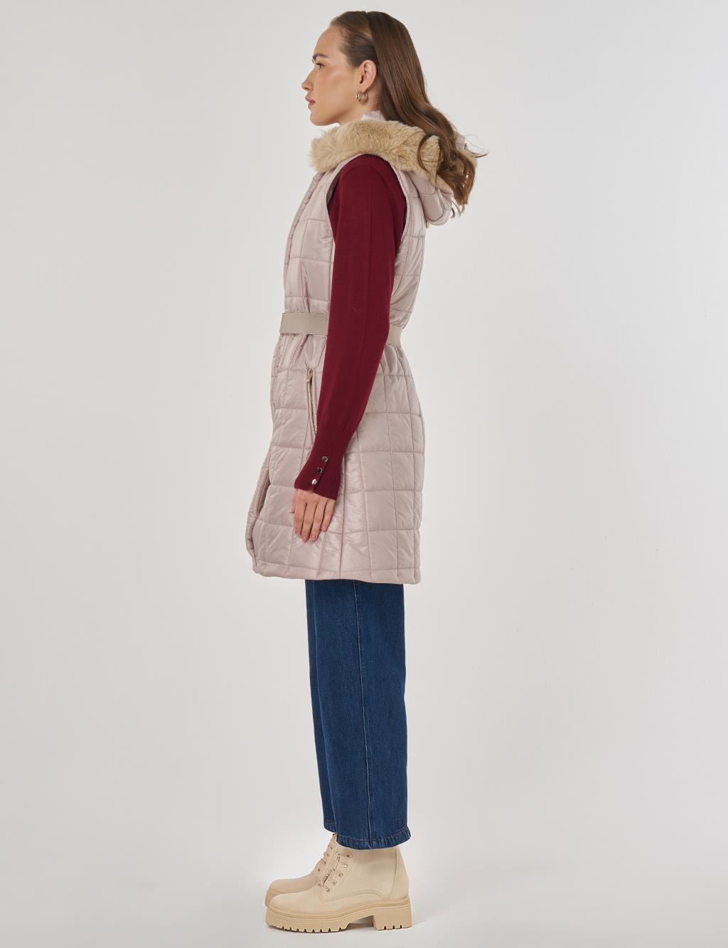 Faux Fur Puffer Vest Sand