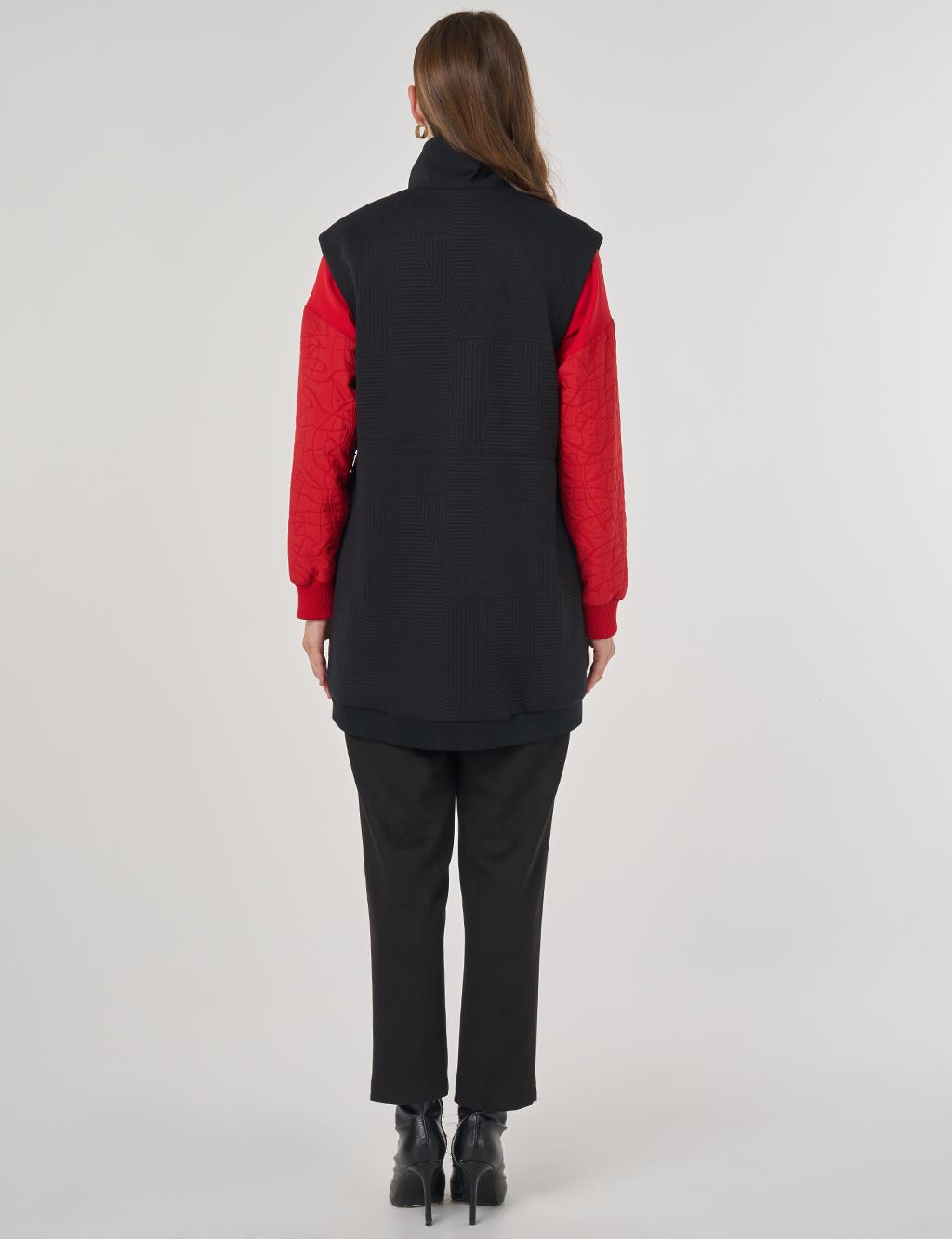 Dik Yaka Bel Büzgülü Yelek Siyah