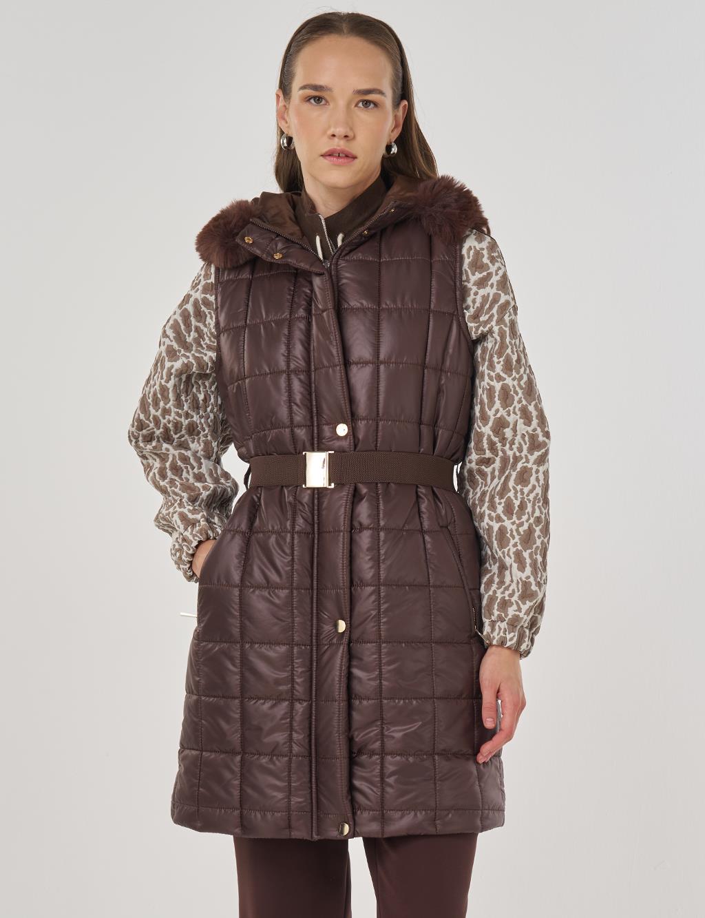 Suni Kürklü Şişme Yelek Koyu Kahve 