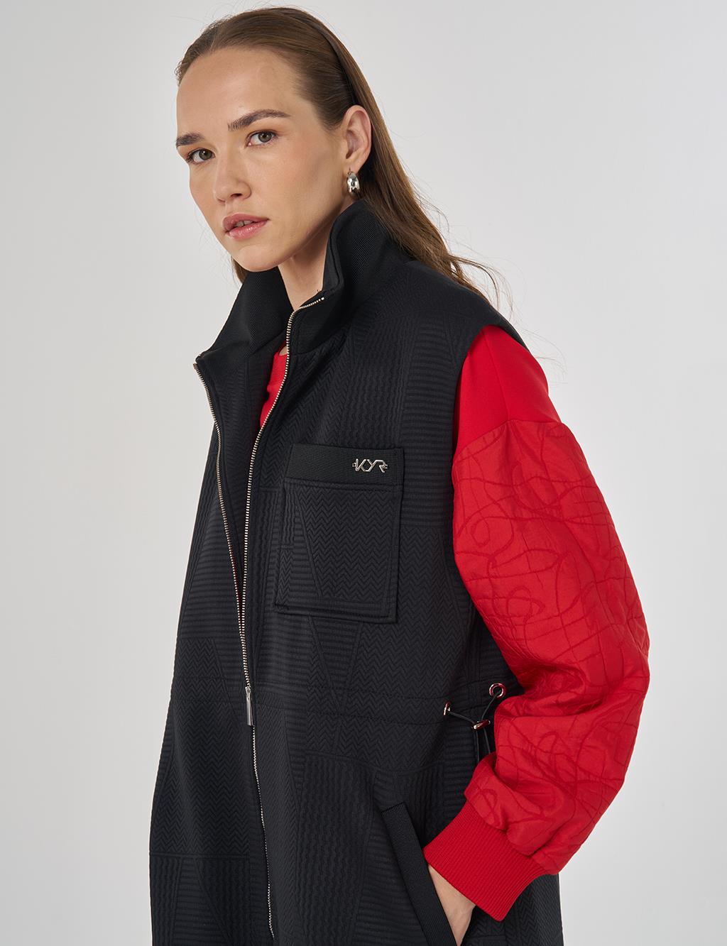 Dik Yaka Bel Büzgülü Yelek Siyah