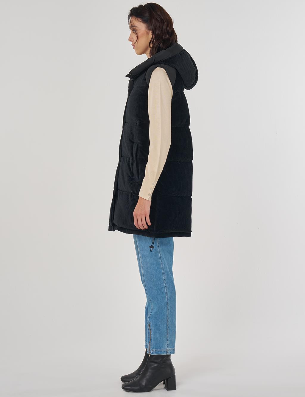 Velvet Trimmed Puffer Vest Black