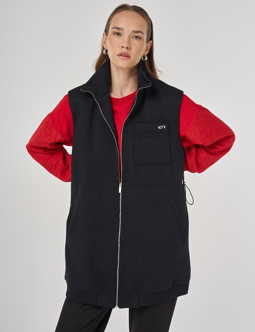 Dik Yaka Bel Büzgülü Yelek Siyah