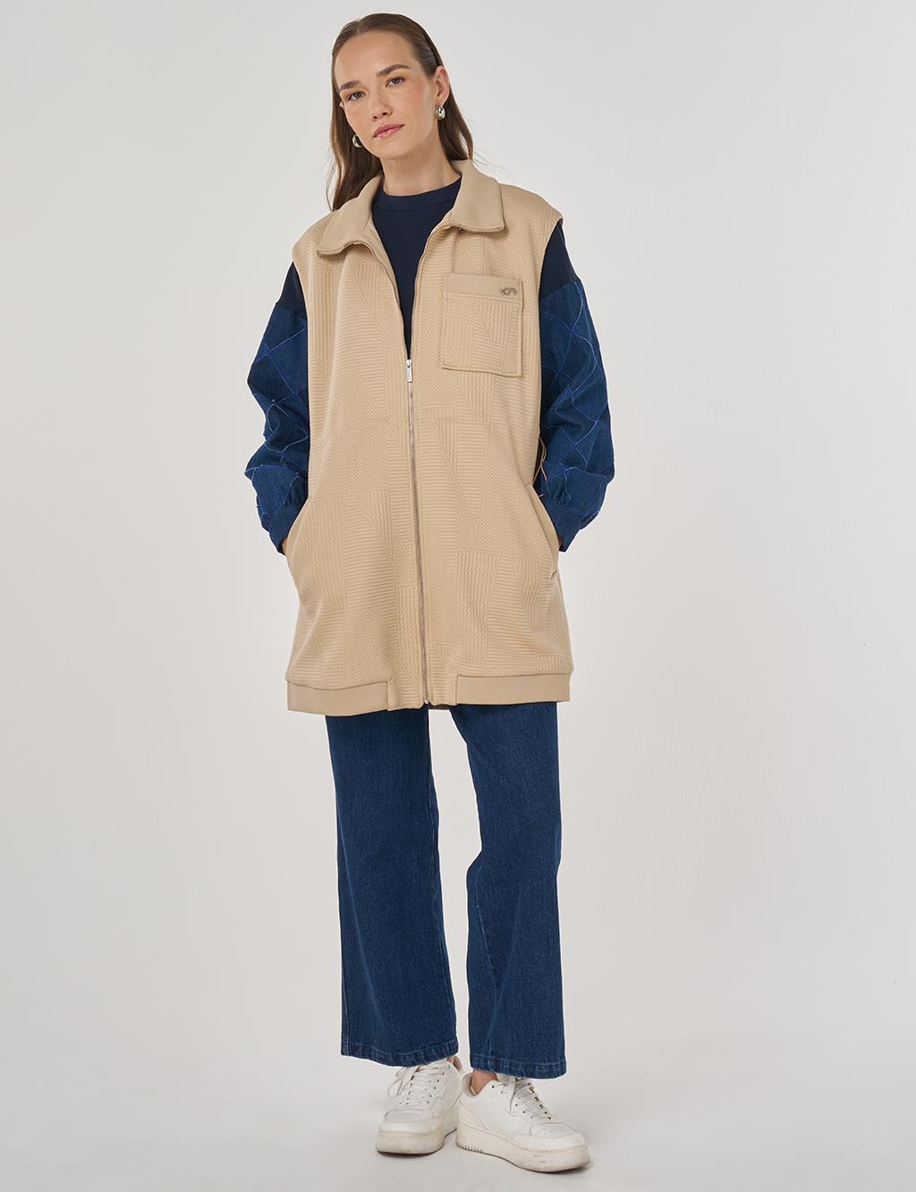 Dik Yaka Bel Büzgülü Yelek Bej