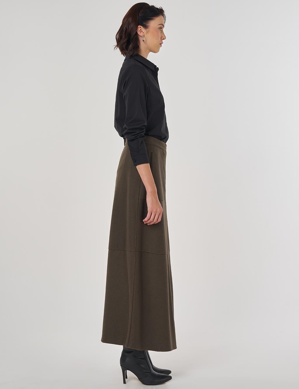 Fermuar Kapamalı Yün Etek Haki