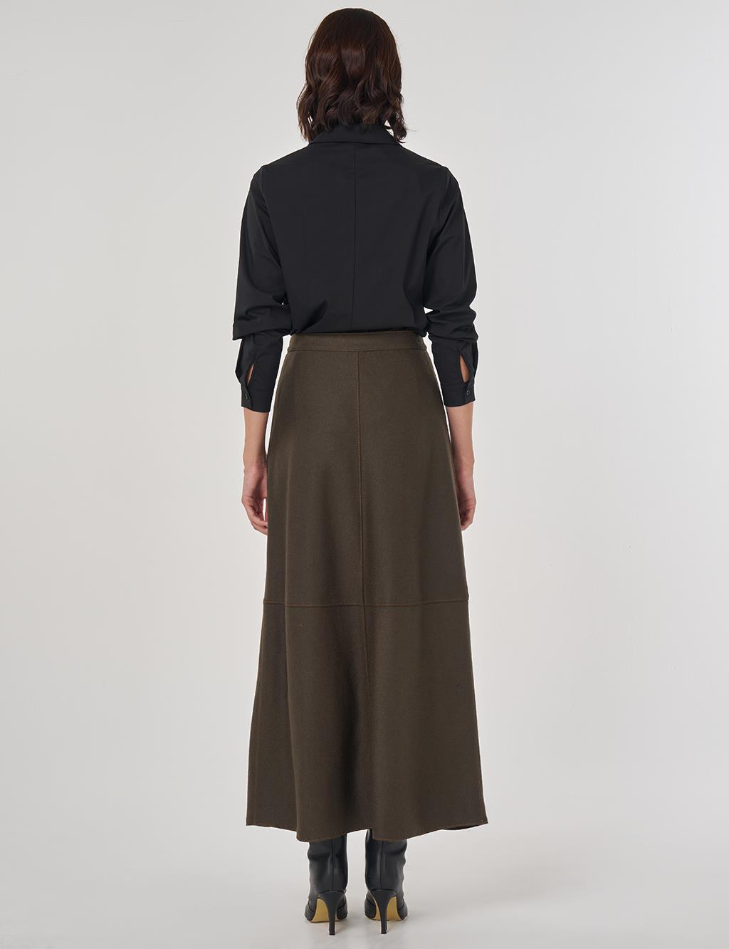 Fermuar Kapamalı Yün Etek Haki