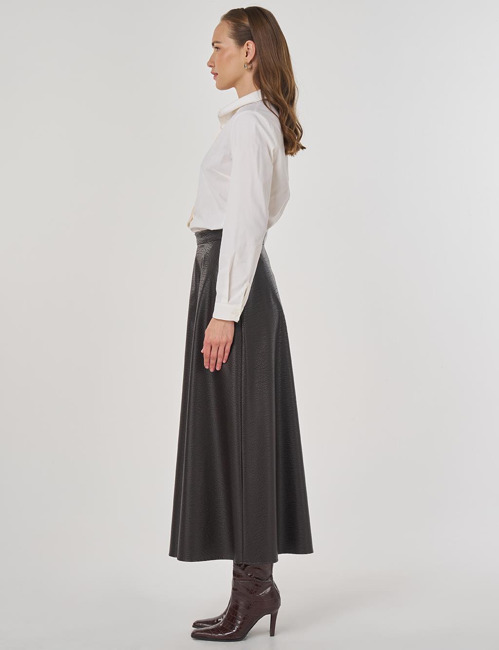 Yüksek Bel Suni Deri Etek Koyu Kahve 