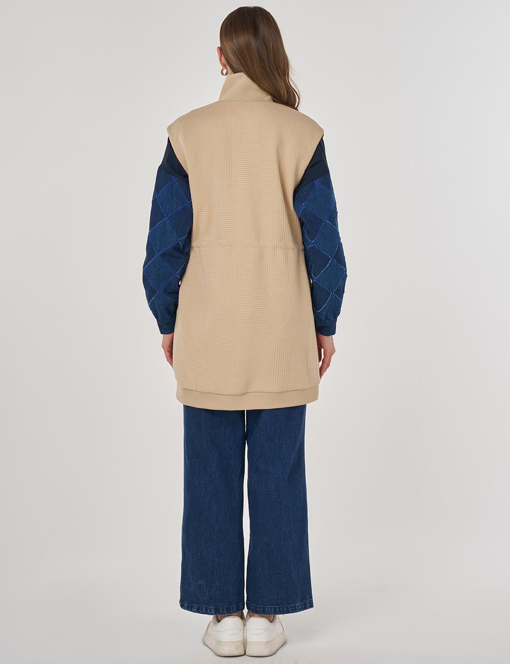 Dik Yaka Bel Büzgülü Yelek Bej