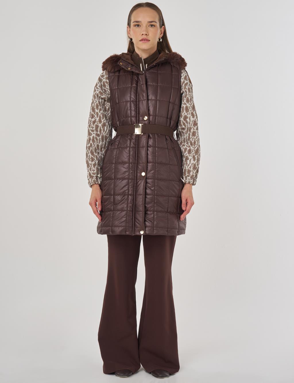 Suni Kürklü Şişme Yelek Koyu Kahve 