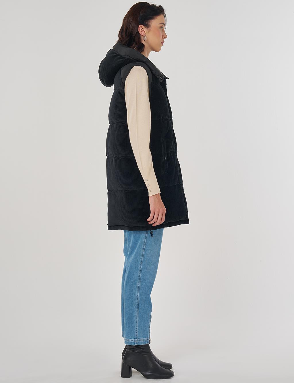 Velvet Trimmed Puffer Vest Black