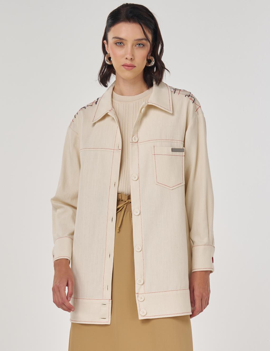 Nakış İşlemeli Kanvas Ceket Krem