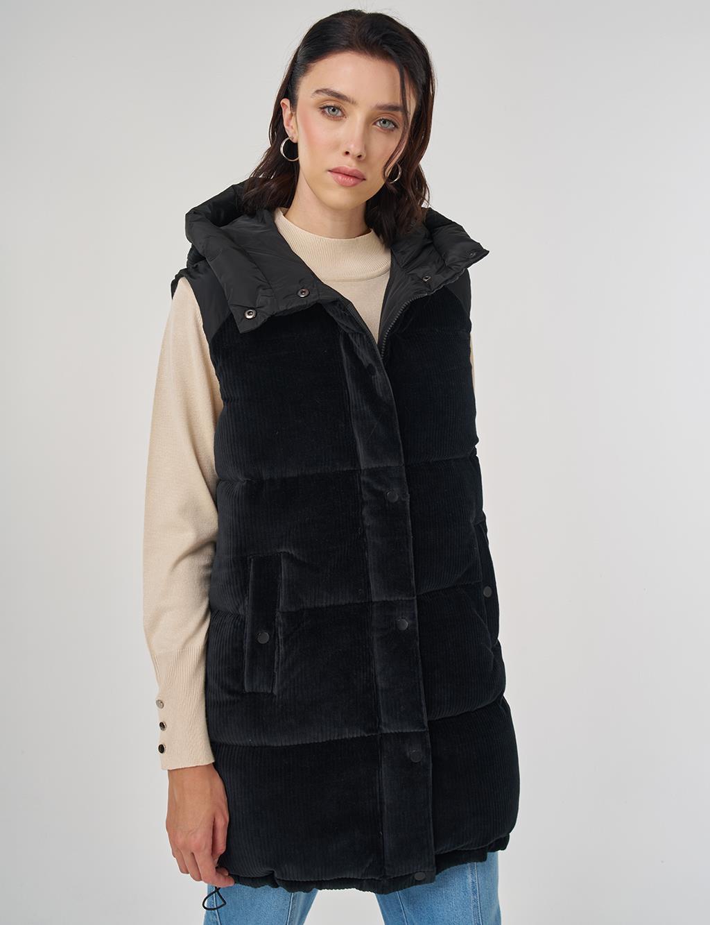 Velvet Trimmed Puffer Vest Black