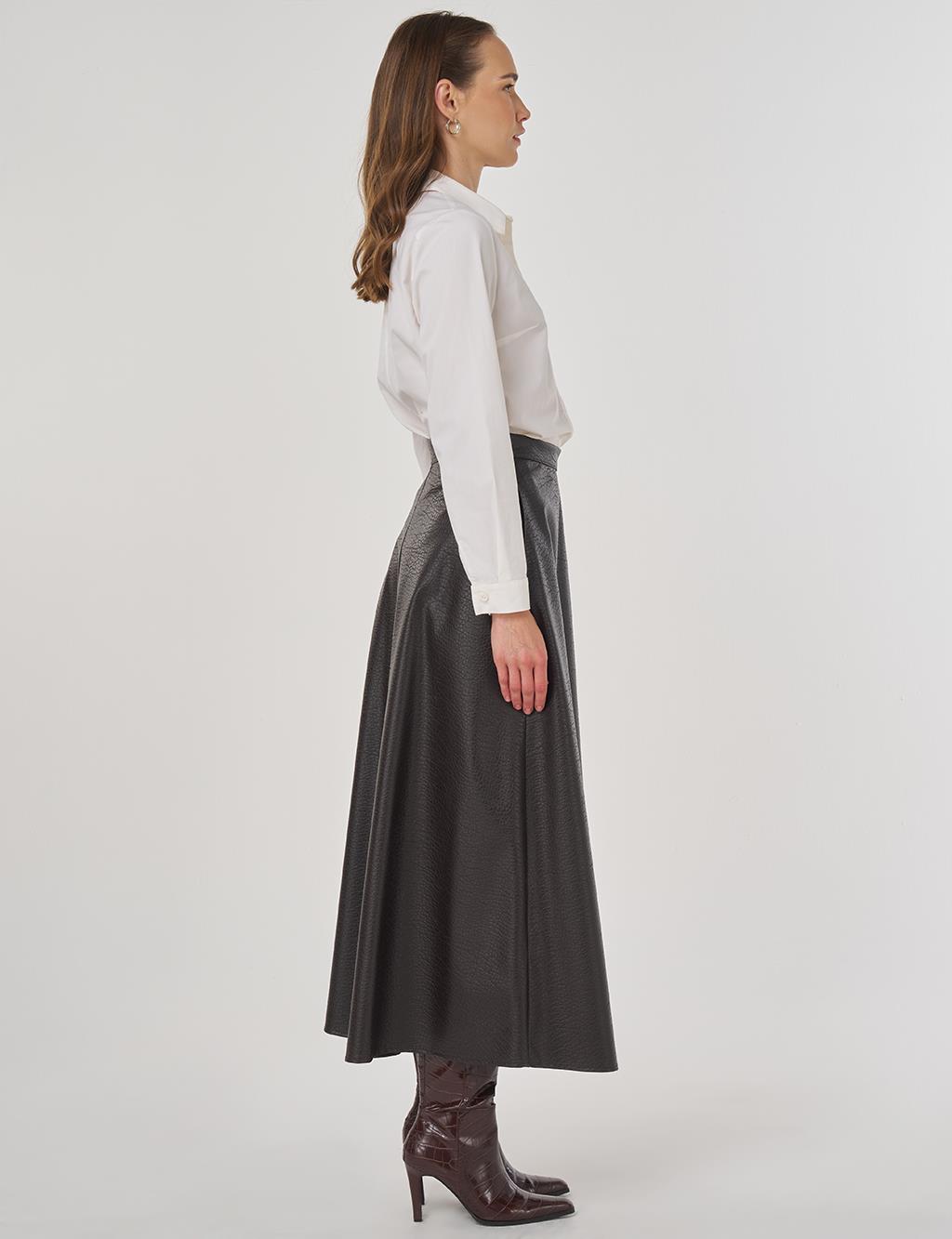 Yüksek Bel Suni Deri Etek Koyu Kahve 