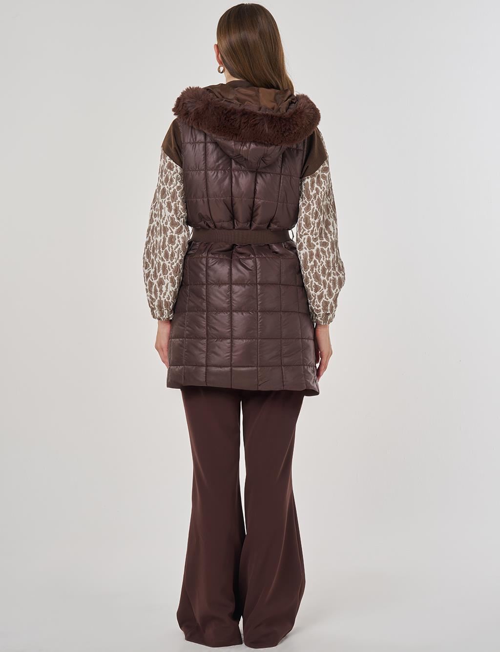Suni Kürklü Şişme Yelek Koyu Kahve 