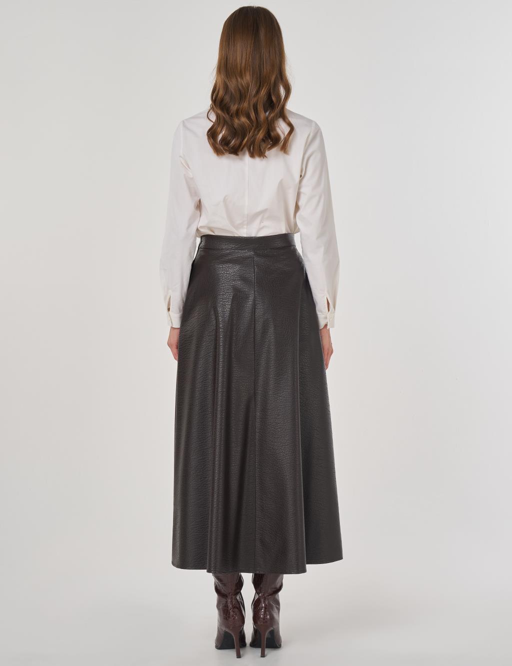 Yüksek Bel Suni Deri Etek Koyu Kahve 