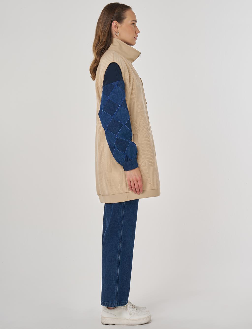 Dik Yaka Bel Büzgülü Yelek Bej